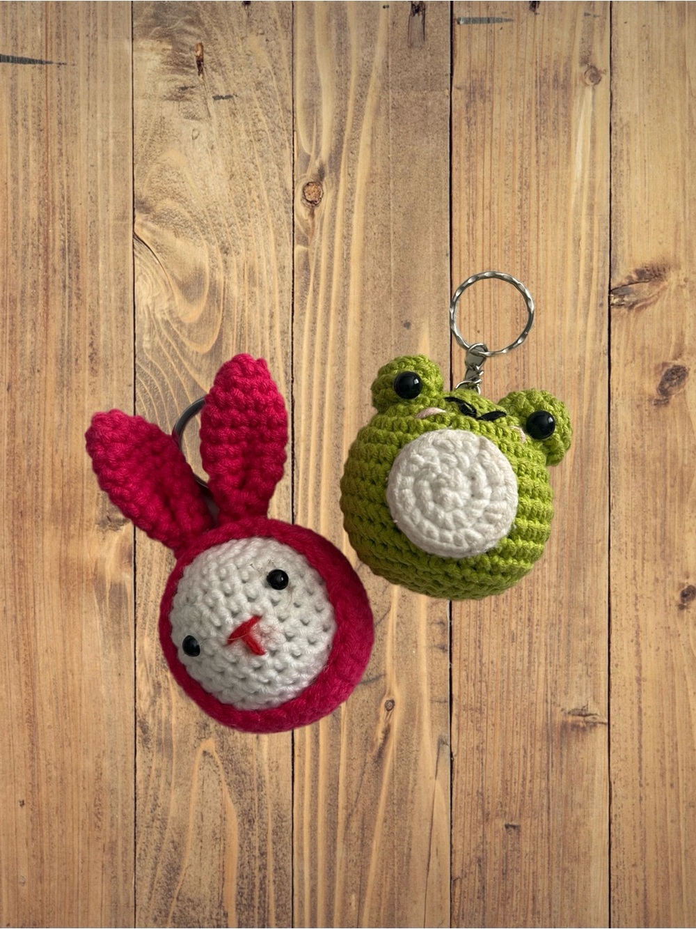 Handmade Pink Bunny & Green Frog Crochet Keychain Set of 2